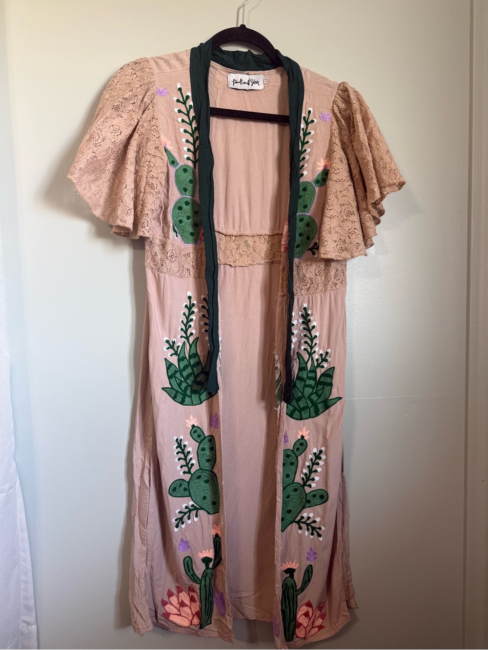 Pink and Silver Cactus Embroidered Kimono Duster Lace Ruffle Sleeve S/M